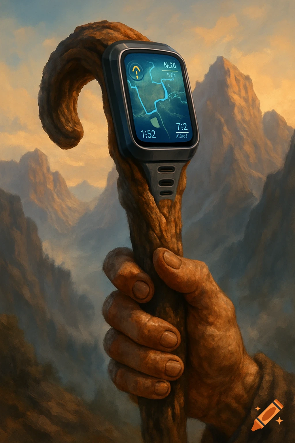 A hand grips a gnarled wooden walking staff with an embedded smart-watch displaying a map and navigation info, set against a painterly mountain background.