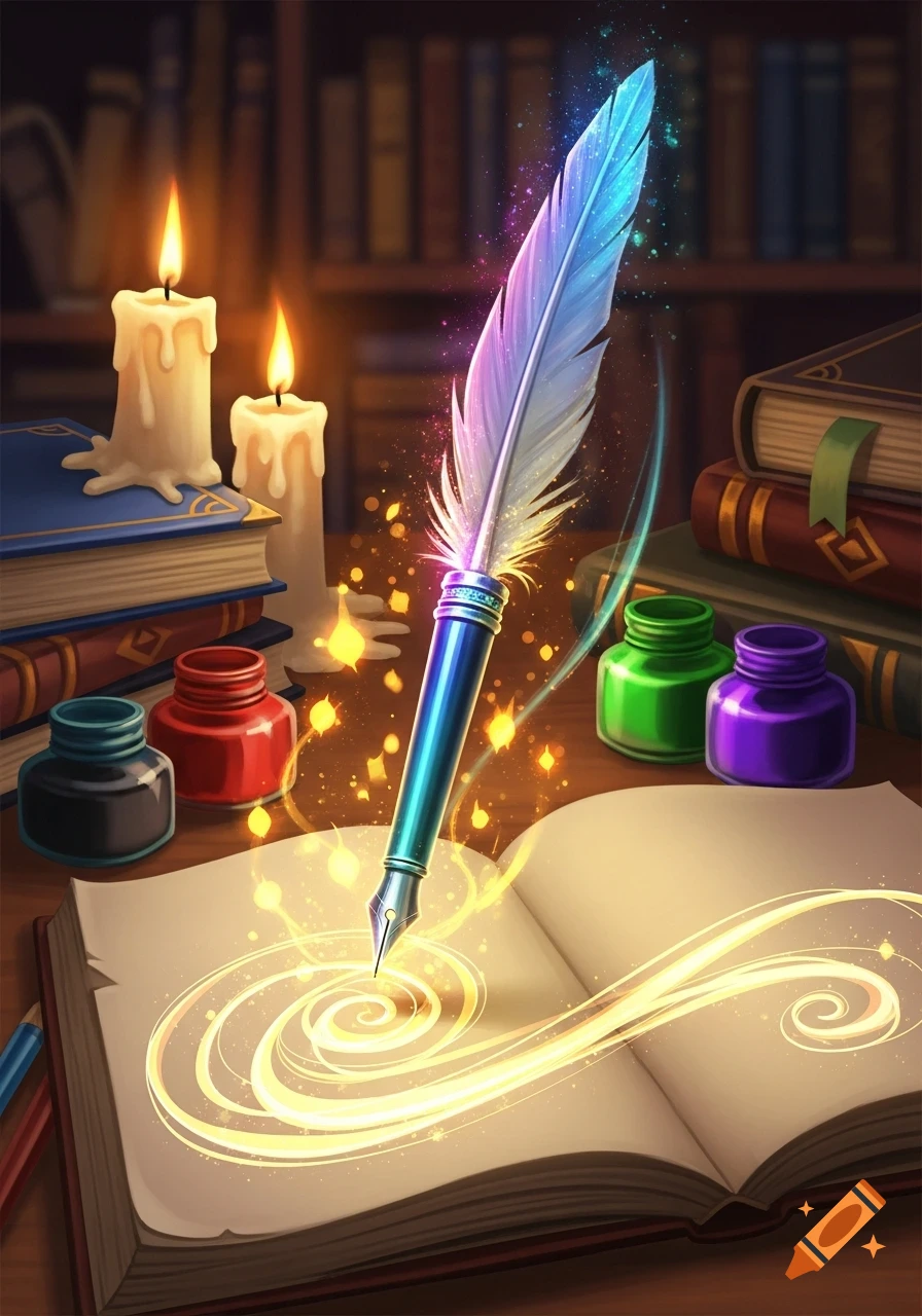 A magical, iridescent quill writes glowing golden patterns on an open book, surrounded by lit candles, colorful ink bottles, and stacked books in a cozy setting.