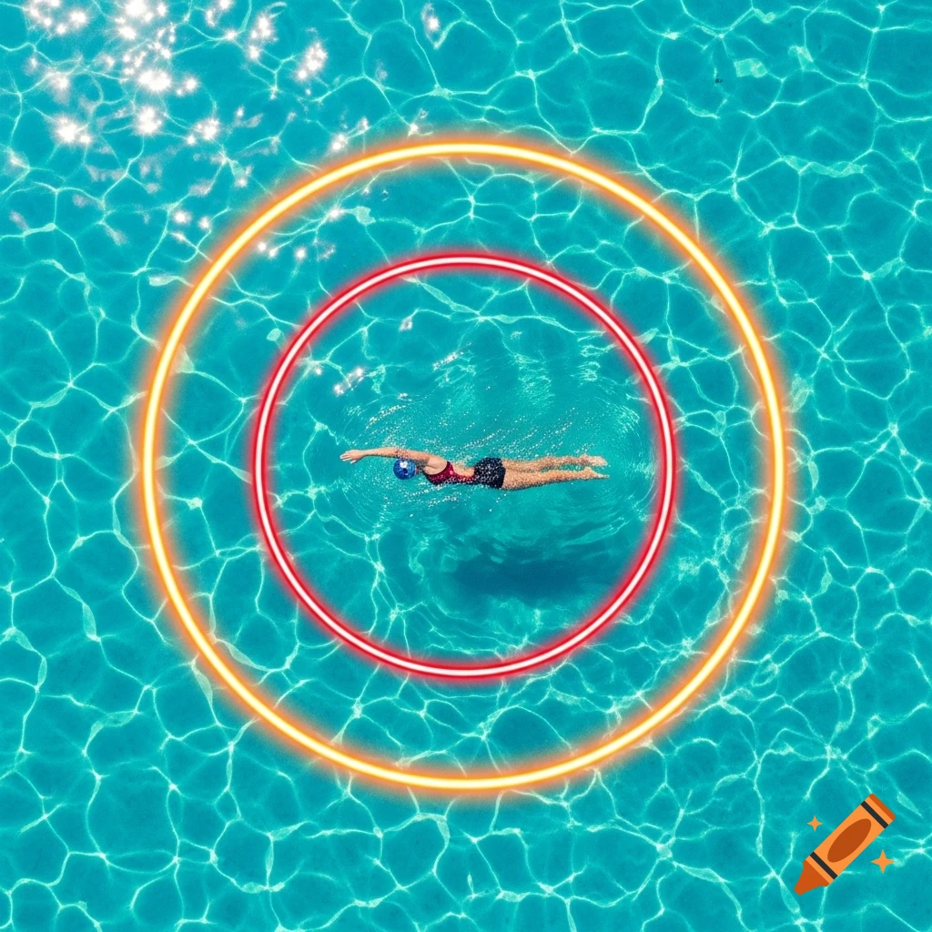 An aerial view of a person swimming in clear blue water, surrounded by a glowing red circle and an outer orange circle.