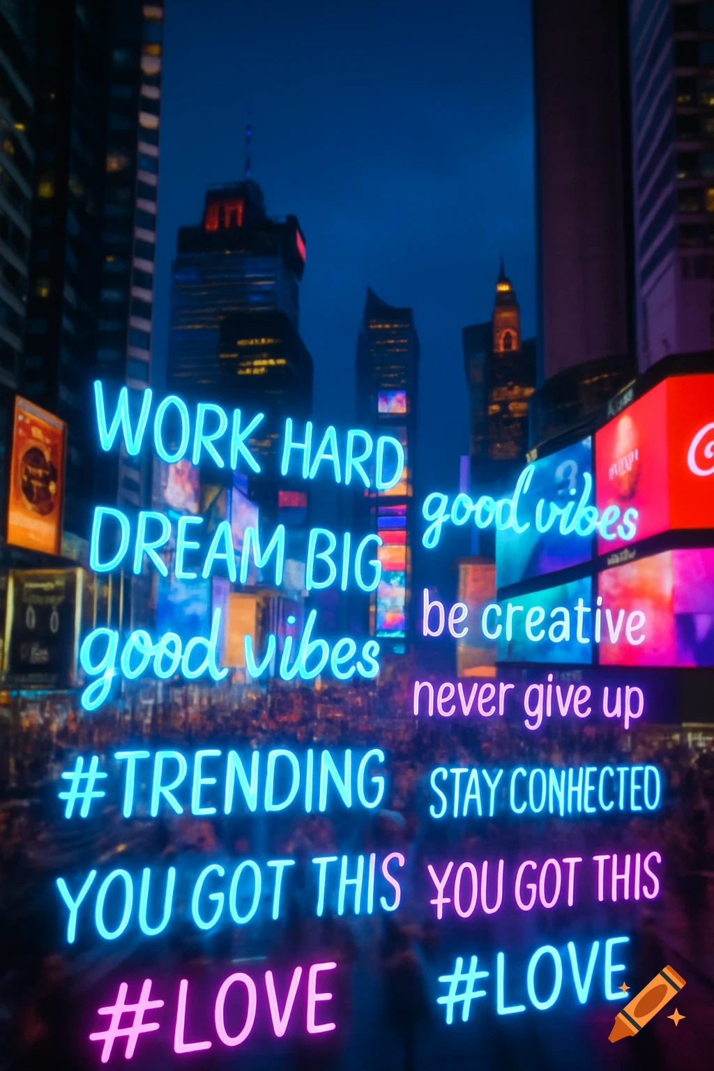 A vibrant night cityscape with numerous glowing neon signs displaying motivational phrases and hashtags in blue and pink.