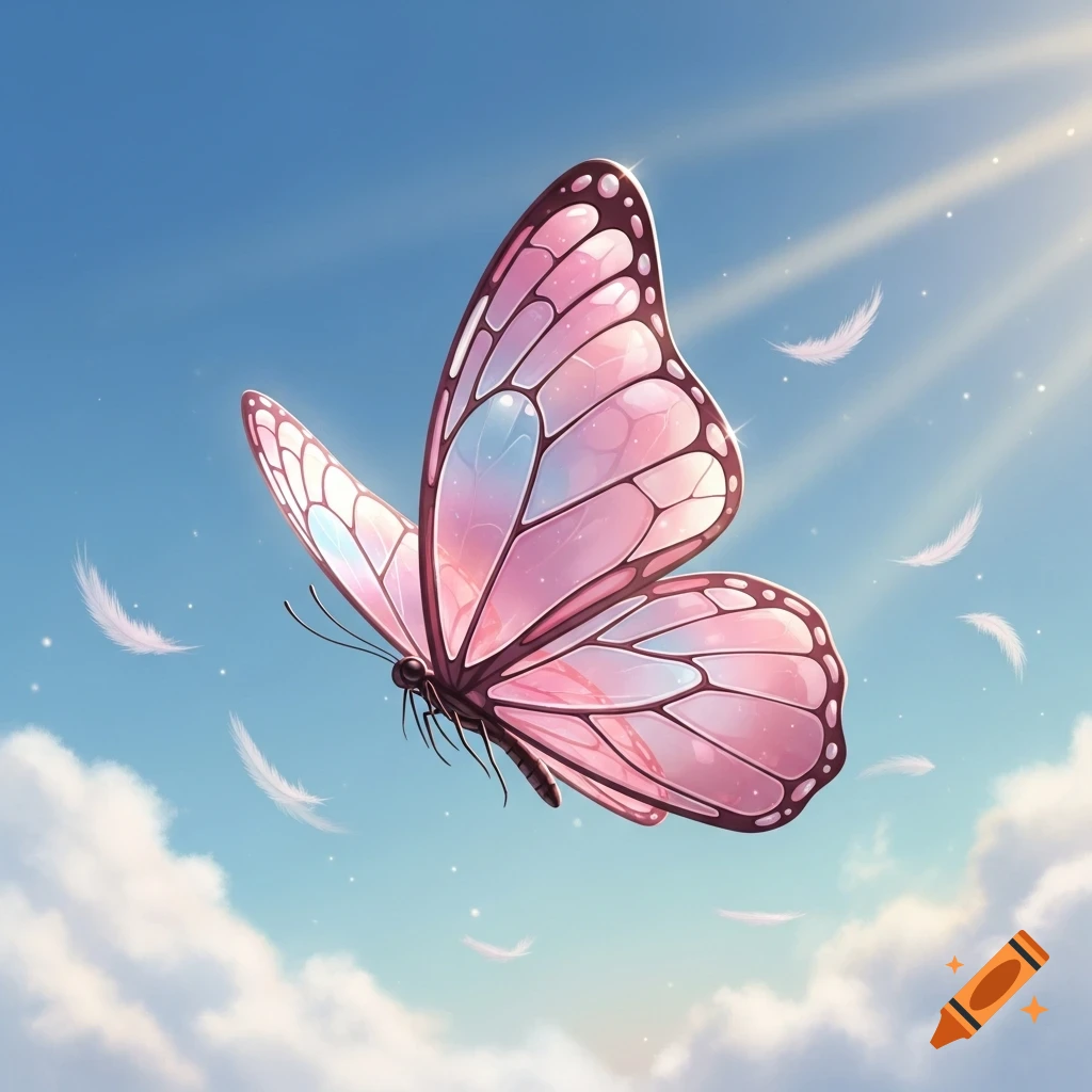 A pink glass butterfly with iridescent wings flies through a blue sky with soft clouds and sunlight.