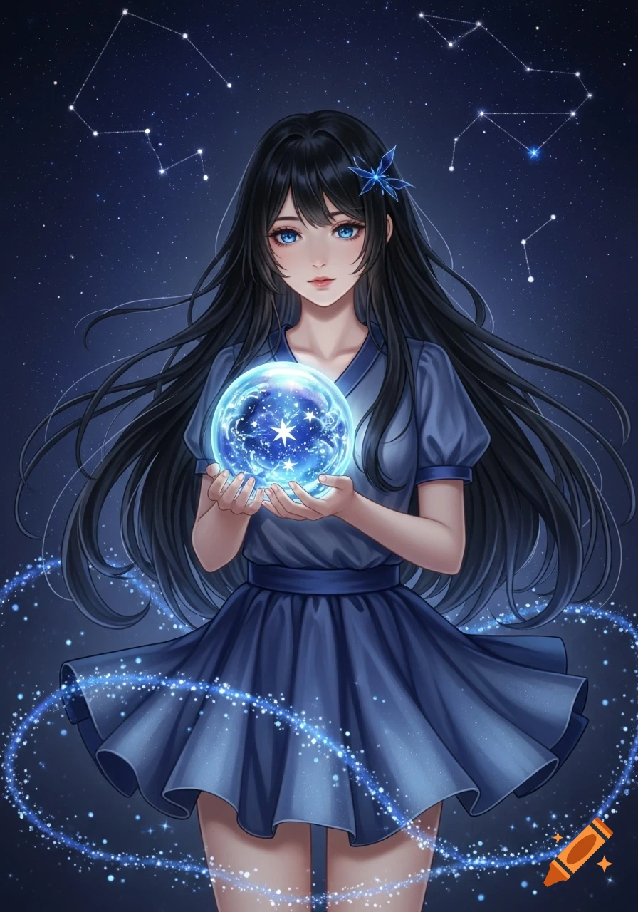 An anime girl with long black hair and blue eyes, wearing a blue dress, holding a glowing blue crystal ball filled with stars, against a night sky background with constellations.