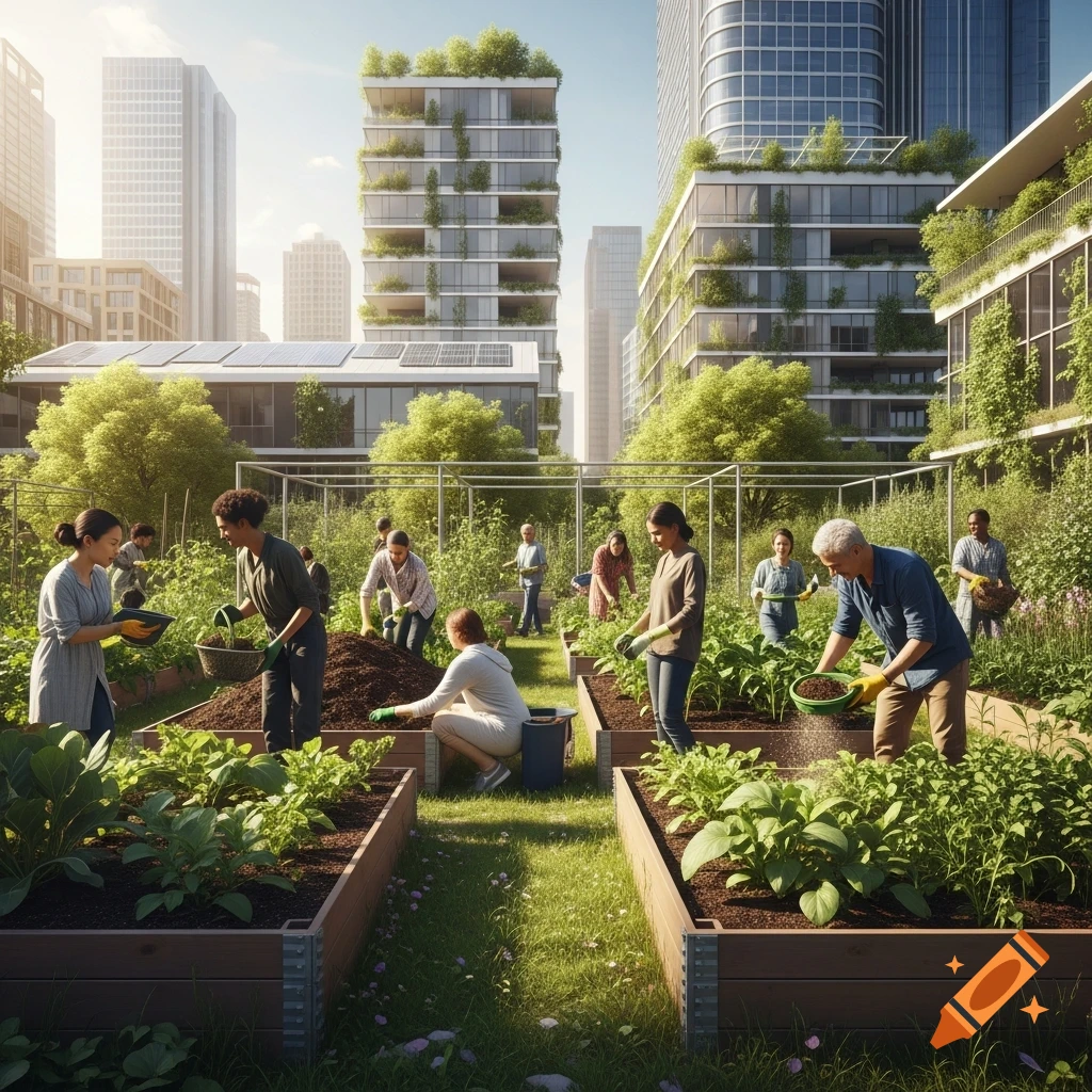People gardening in raised beds within an urban community garden, surrounded by modern buildings with green facades and solar panels.