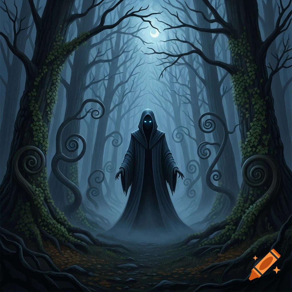 Mysterious hooded figure with glowing blue eyes in a dark, misty, enchanted forest under a crescent moon.