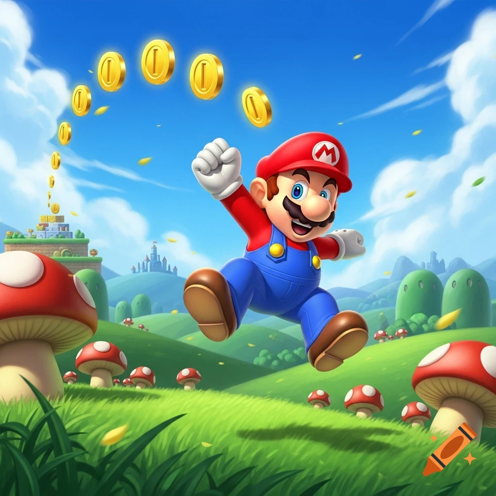 Super Mario jumping in a bright, colorful landscape with floating coins, red mushrooms, and a castle in the background, in a stylized cartoon style.