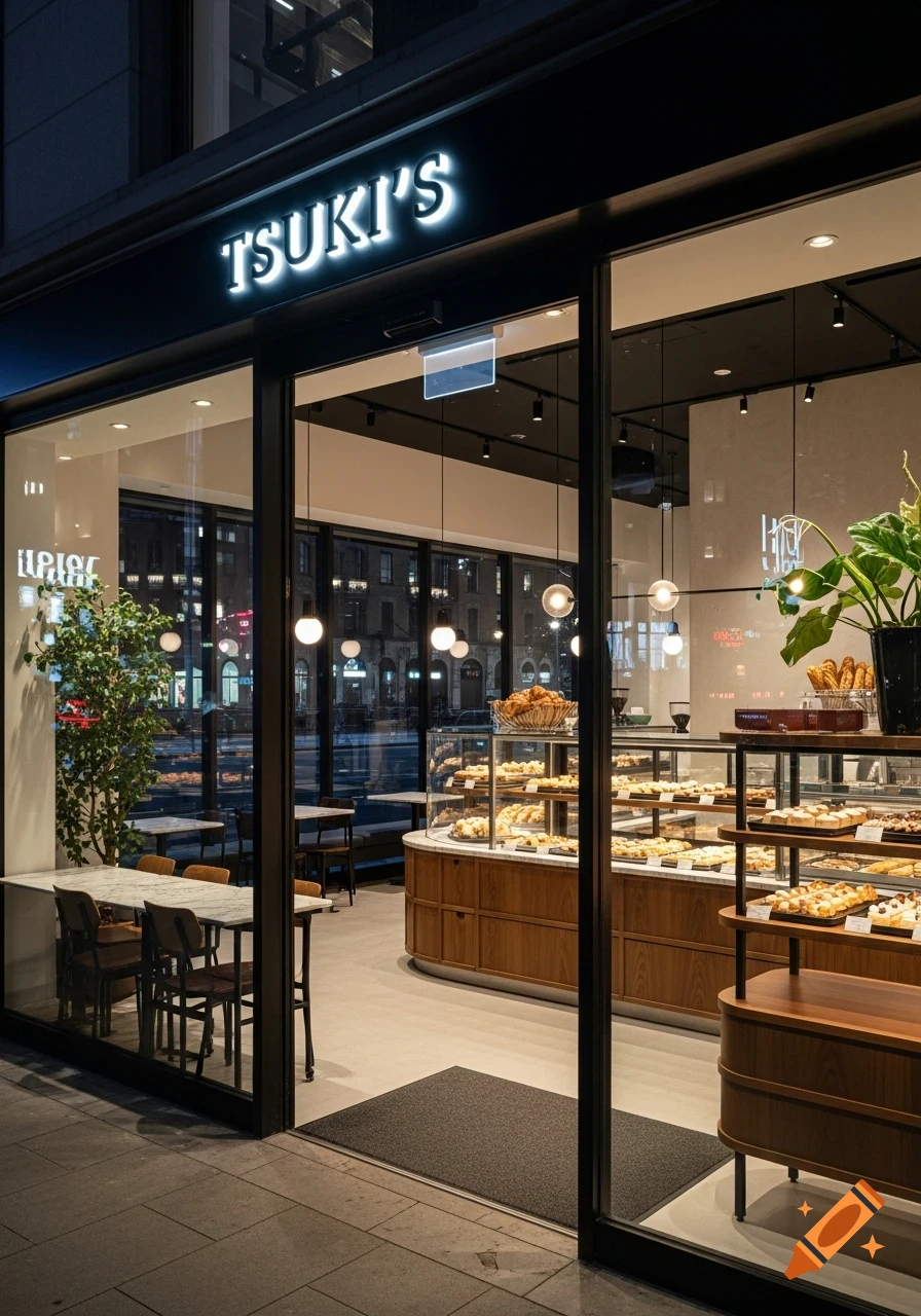 A modern bakery exterior at night with a glowing 'TSUKI'S' sign, showcasing pastries in display cases.