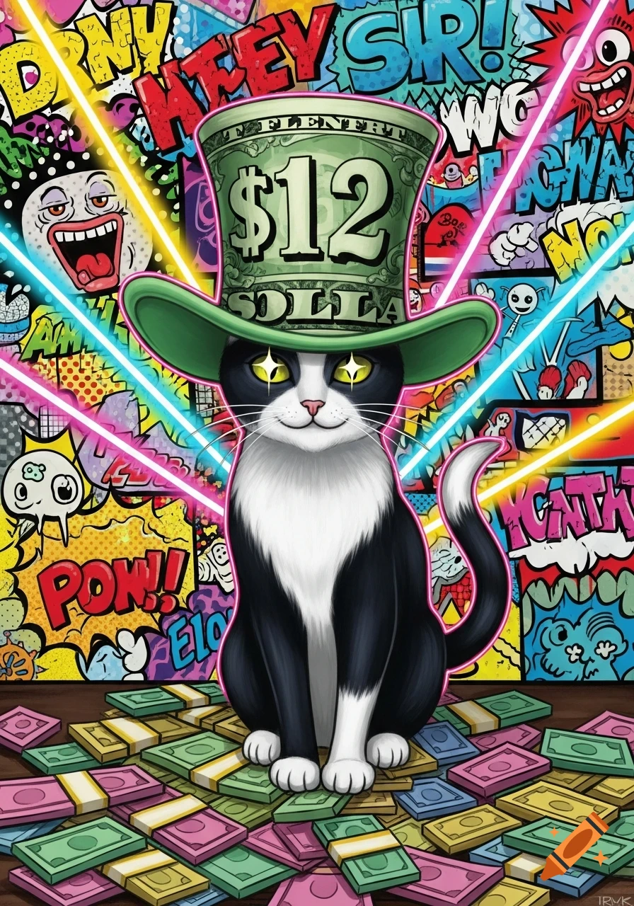 A black and white tuxedo cat wearing a green top hat with "$12 SOLLA" on it, surrounded by colorful cash stacks and a vibrant pop art/graffiti background.