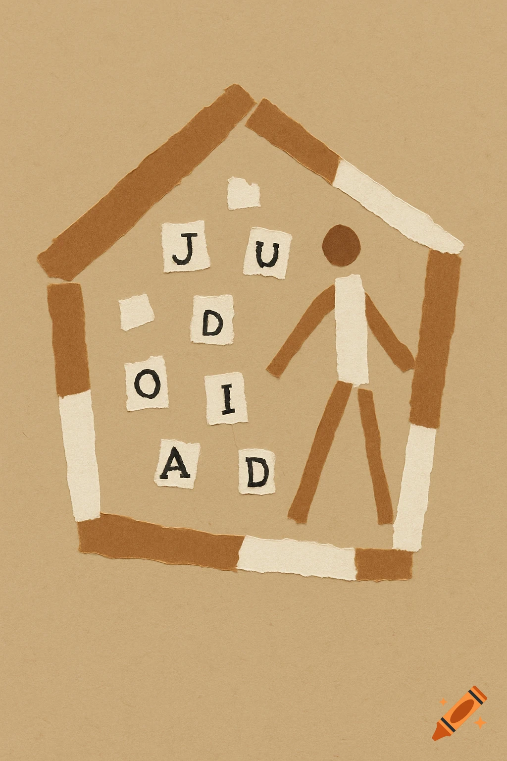 A minimalist paper collage shows a stylized house shape made of brown and white strips, a brown and white stick figure, and scattered letters on a tan background.