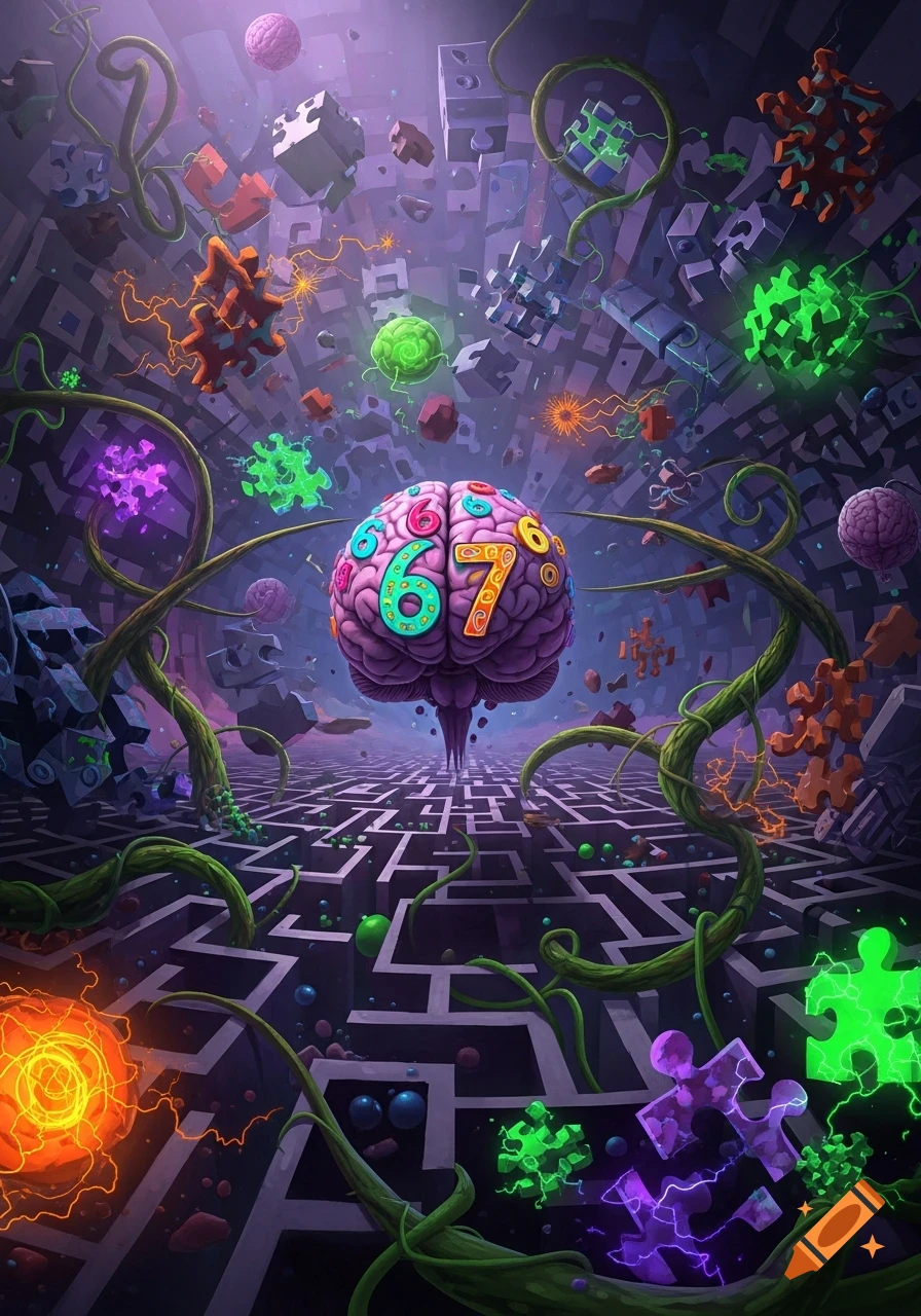 A vibrant, surreal image of a brain with '67' on it, floating above a maze with puzzle pieces and glowing elements.