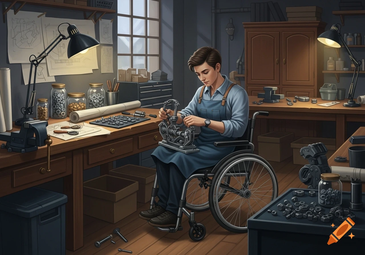 A person in a wheelchair works on a mechanical device at a workbench in a well-equipped workshop. Detailed illustration style.