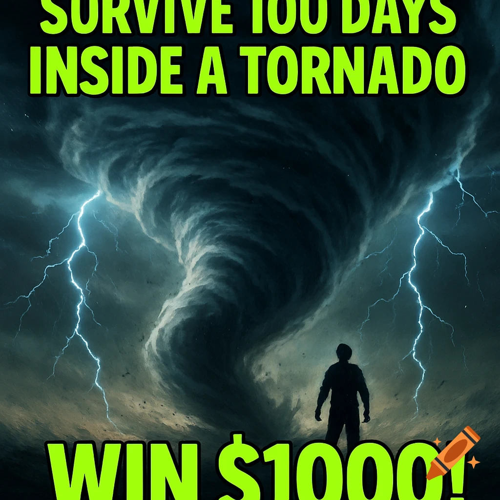 A person stands before a powerful tornado with lightning, featuring bold text "SURVIVE 100 DAYS INSIDE A TORNADO WIN $1000!"