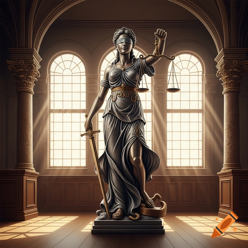 A blindfolded statue of Lady Justice, holding scales and a sword, stands in a grand, sunlit courtroom.