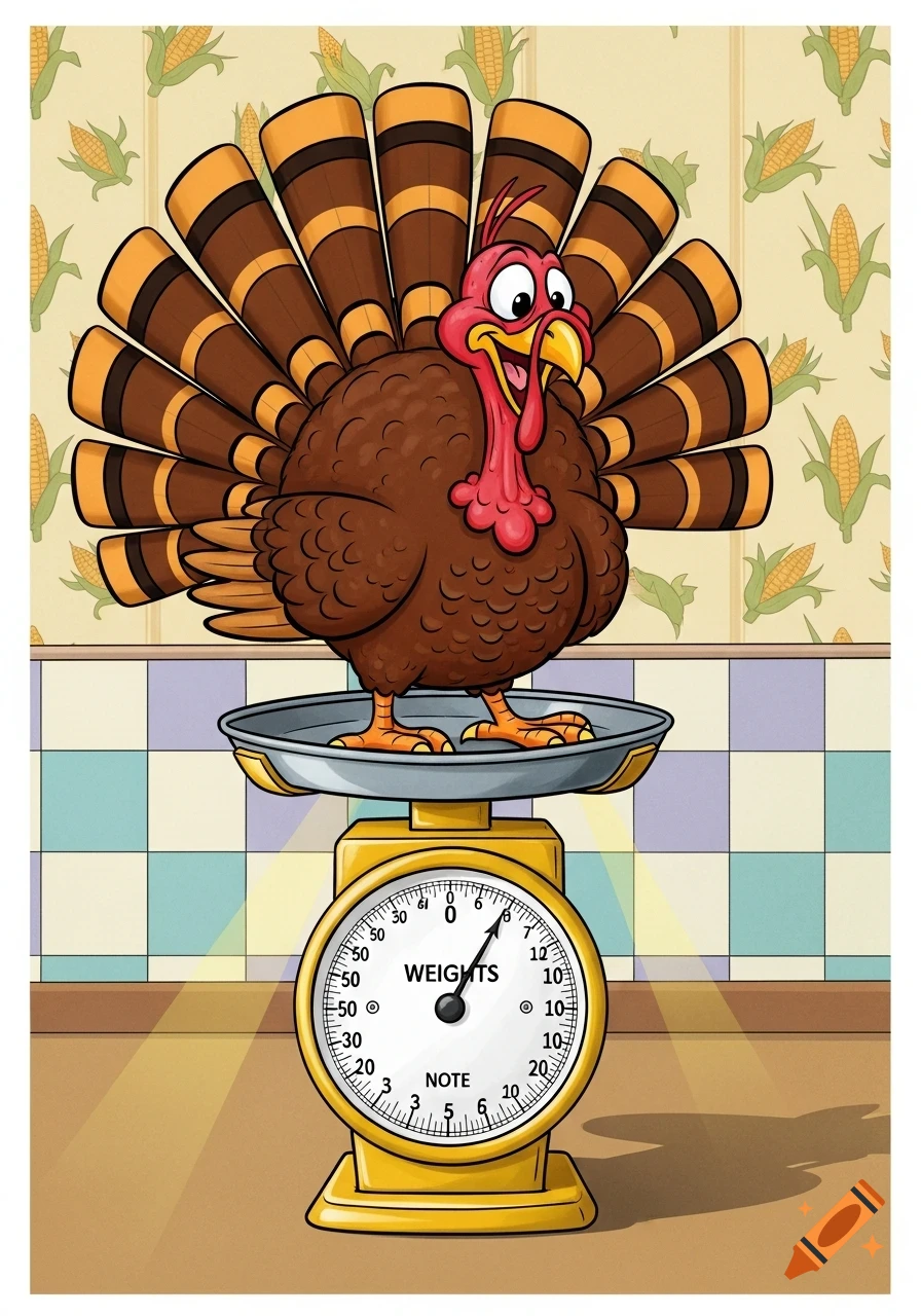 Cartoon turkey standing on a yellow weight scale, with corn cob wallpaper in the background.
