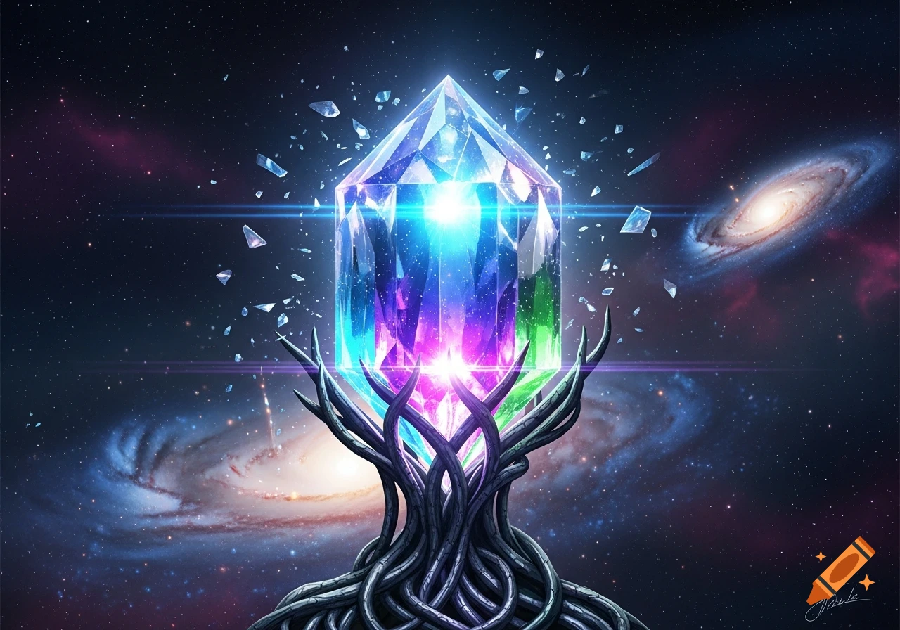 A vibrant, glowing multifaceted crystal held by intertwined roots, against a backdrop of swirling galaxies and a starry cosmic sky.