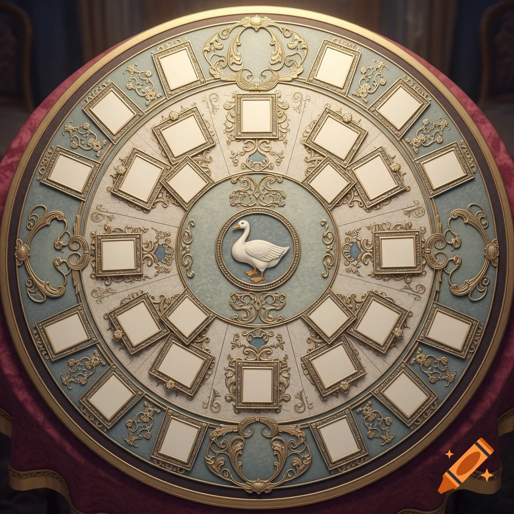 Ornate circular game board with a central white goose, gilded frames, and blue-green patterns, set on a red tablecloth.
