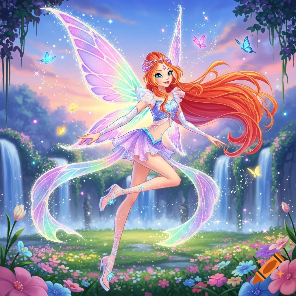 A vibrant red-haired fairy with large iridescent wings and a sparkling purple outfit floats in a magical forest with waterfalls, flowers, and butterflies at sunset, in an animated style.