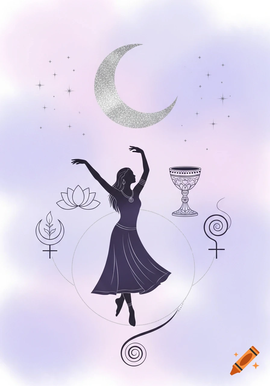 A minimalist mystical illustration of a dancing woman's silhouette under a silver moon, surrounded by sacred symbols on a lavender background.