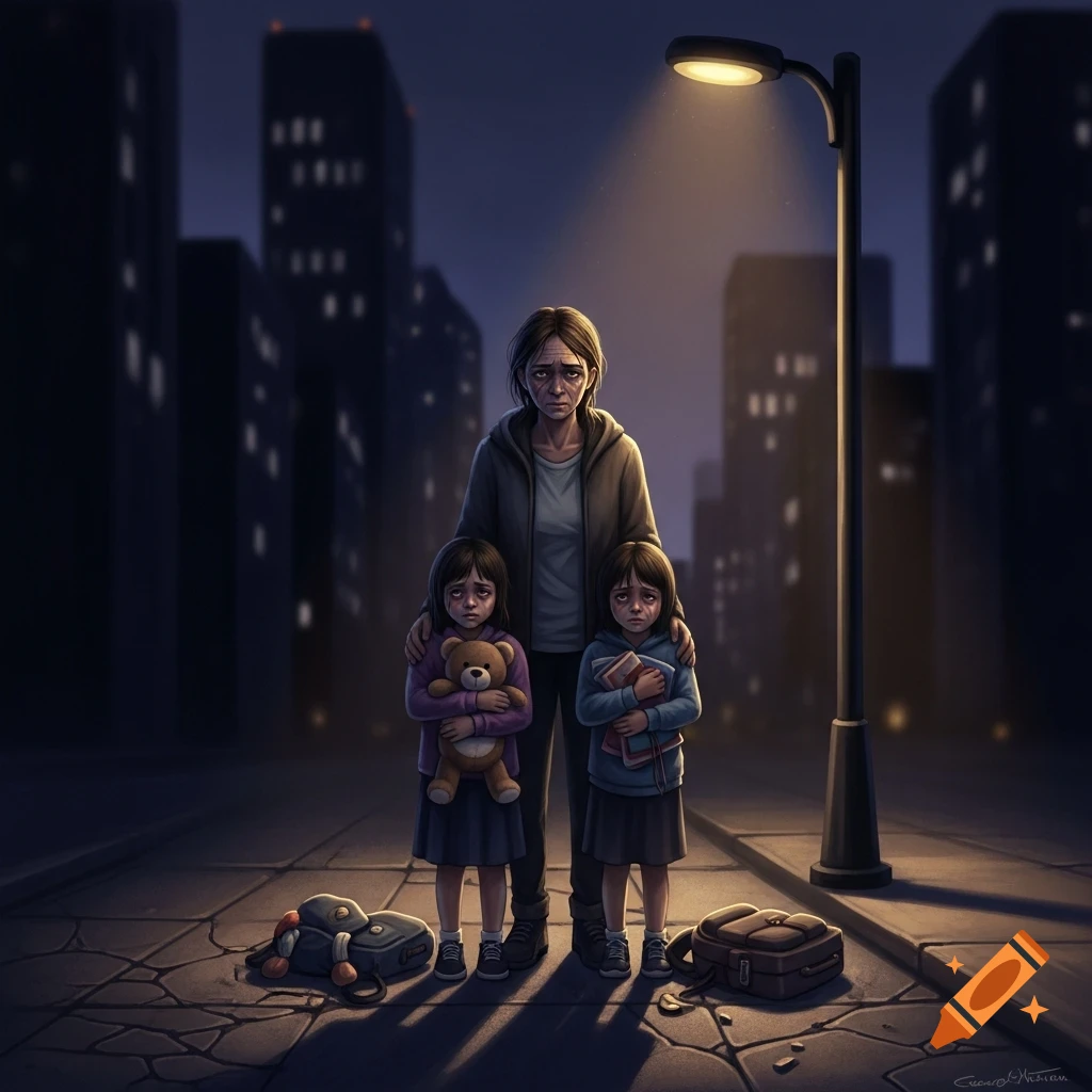 An illustration of a distressed woman and two young girls standing under a street lamp at night in a city, with bags on the ground.