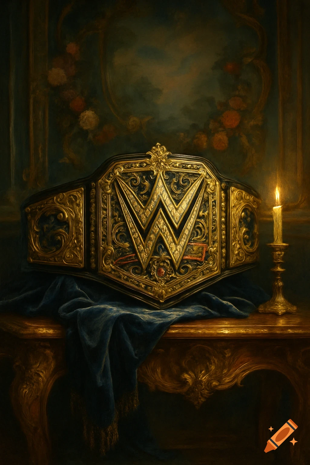A gilded WWE Championship belt rests on a blue velvet cloth draped over an ornate wooden table next to a lit candle, in a classical painting style.