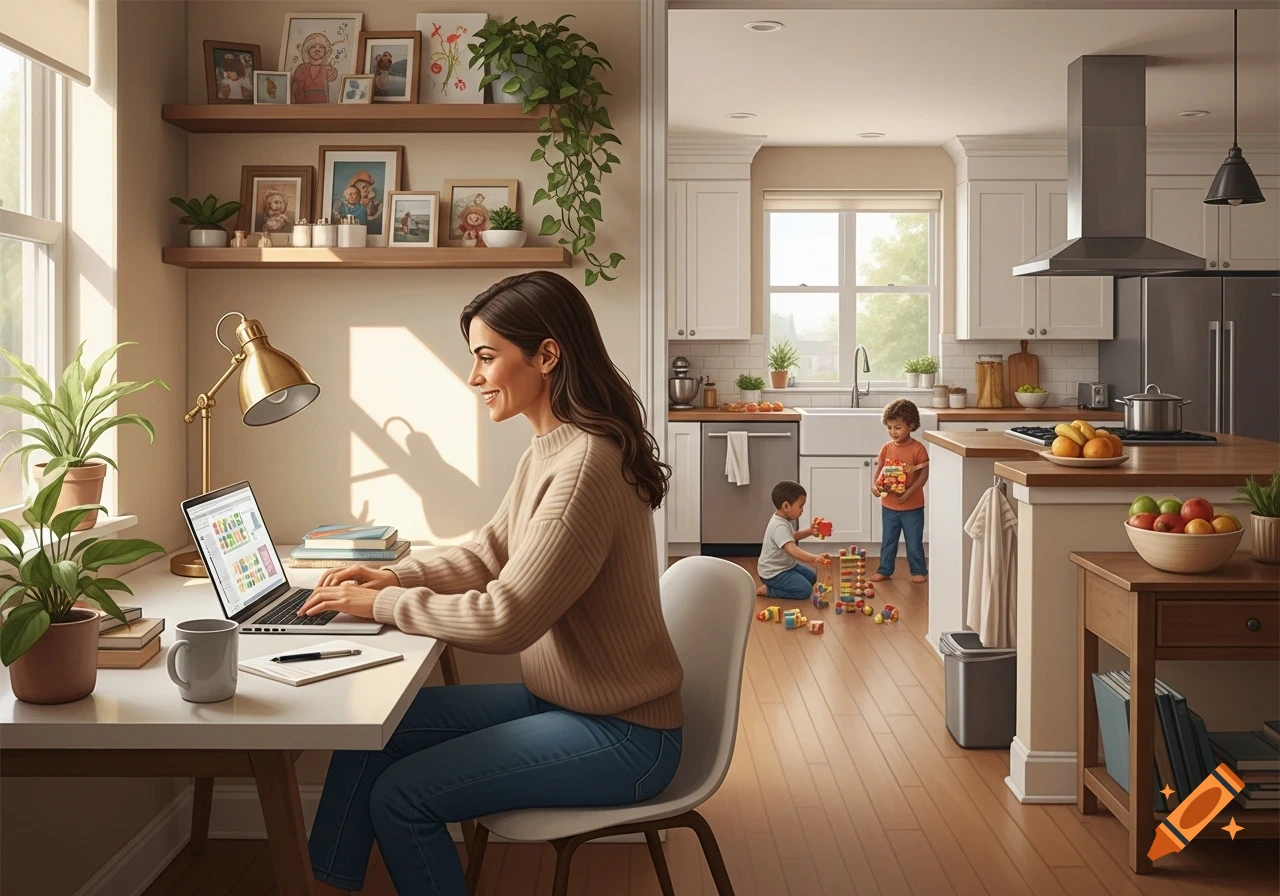 A woman works on a laptop at a desk in her home office while two young children play with colorful blocks on the floor in the adjacent kitchen.