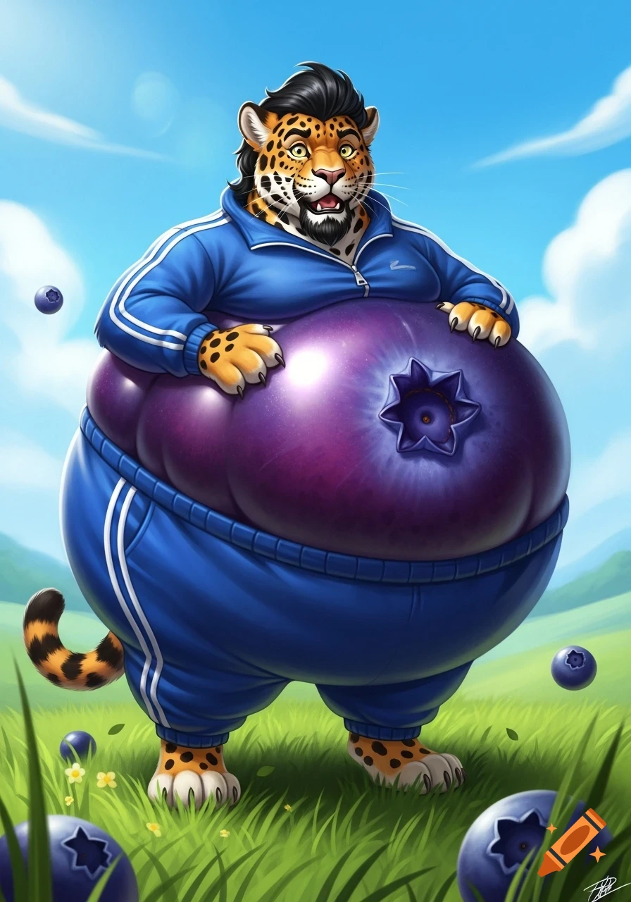 Anthro jaguar with black hair and a goatee, wearing a blue tracksuit, inflated into a giant blueberry, stands in a grassy field under a blue sky.