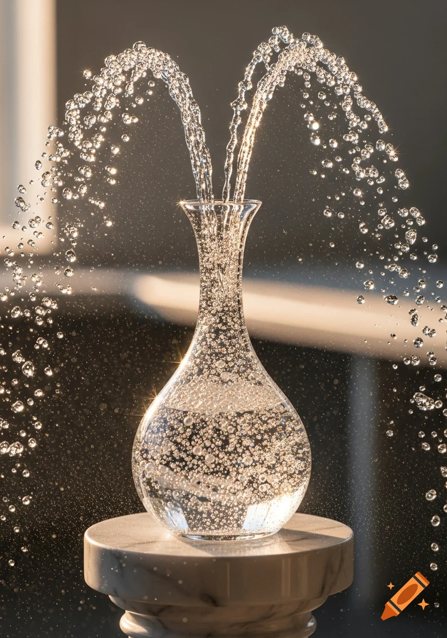 A photorealistic image of a glass vase on a pedestal, with water and sparkling glitter overflowing and splashing outwards.