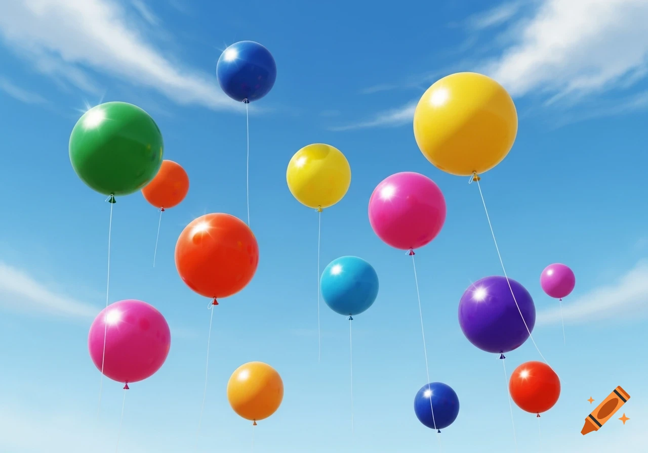 Many brightly colored round balloons float in a clear blue sky with soft white clouds.
