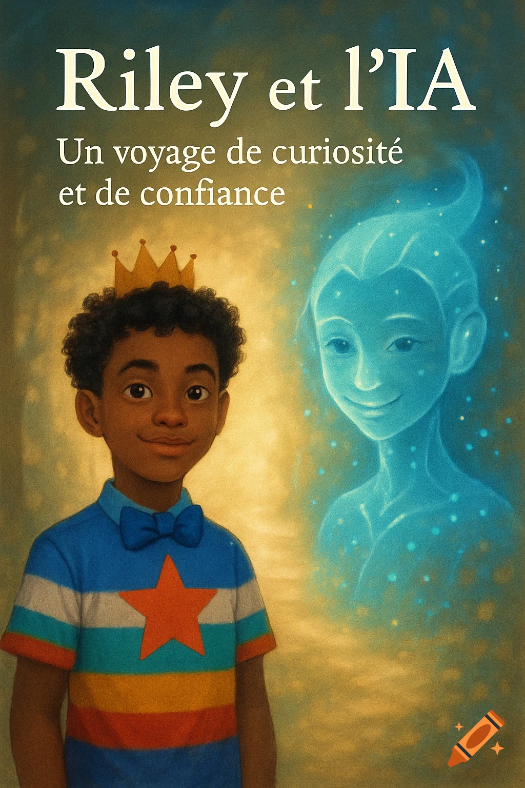 An illustrated book cover of a dark-skinned boy with a crown and a blue shirt, next to a glowing, ethereal blue figure.