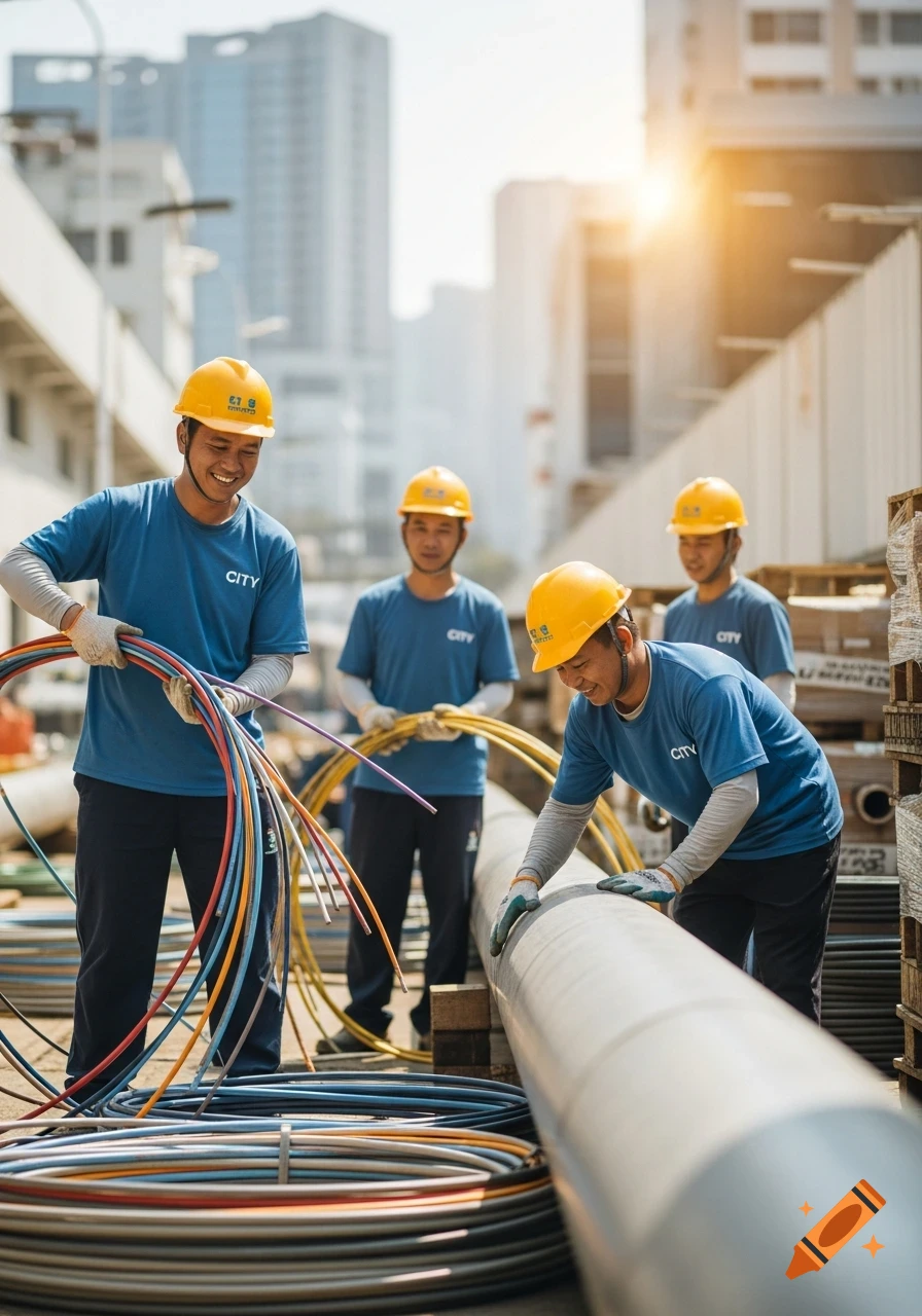 Four smiling construction workers in yellow hard hats and blue shirts with 'CITY' logo handle colorful cables and a large pipe outdoors in a city setting.