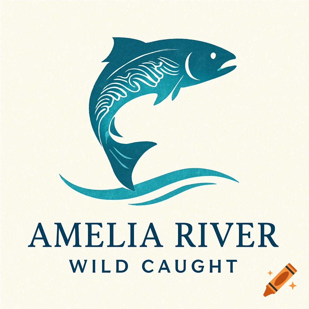 A blue stylized fish logo leaping over waves, with the text "AMELIA RIVER WILD CAUGHT" below, on a cream background.