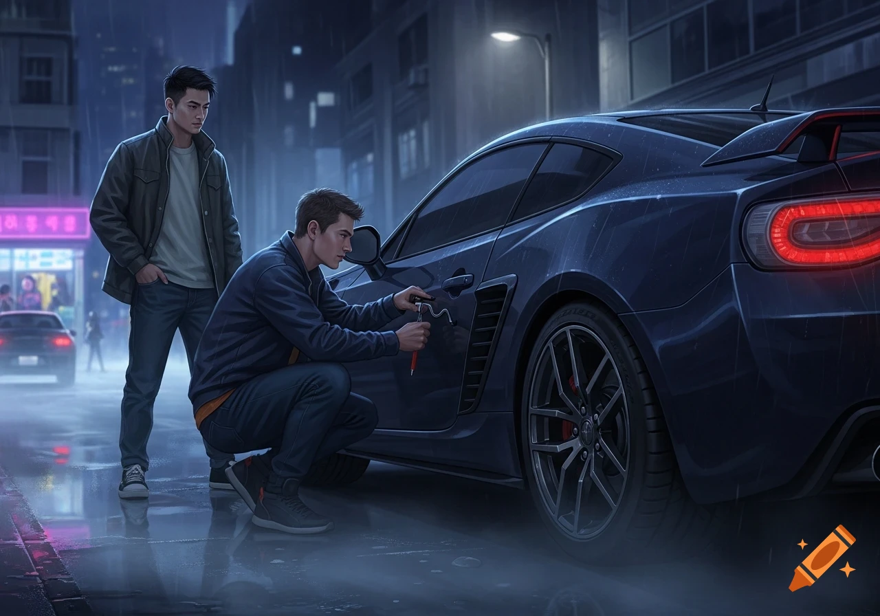 Two men are shown attempting to steal a car on a rainy city street at night. One man crouches by the car door while the other stands watch.