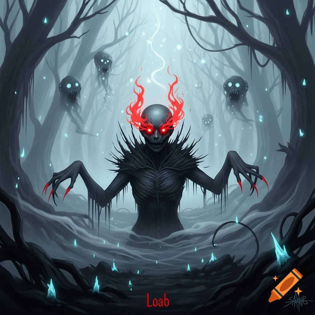 A skeletal, spiky dark creature with glowing red eyes and fiery horns ...