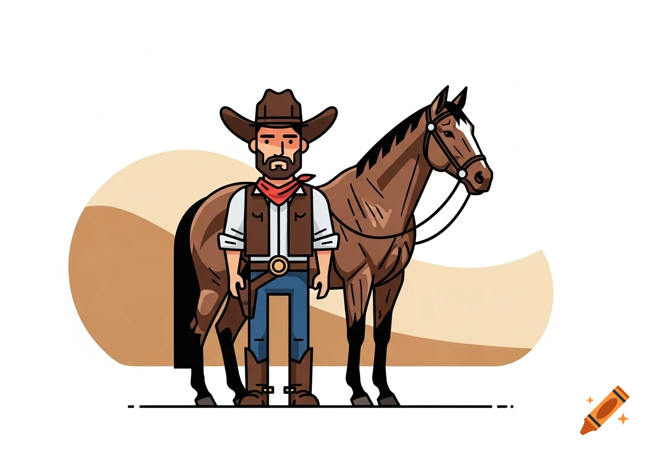 A simplified cartoon illustration of a cowboy with a beard and a hat standing next to a brown horse, against a minimal background.