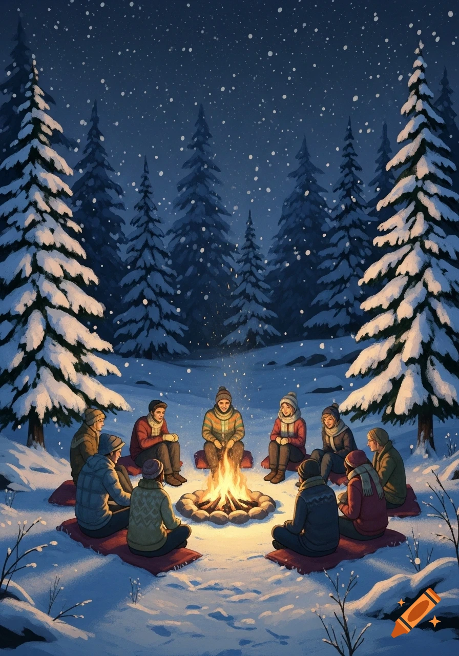 Illustration of people sitting around a warm campfire in a snowy winter forest under falling snow.