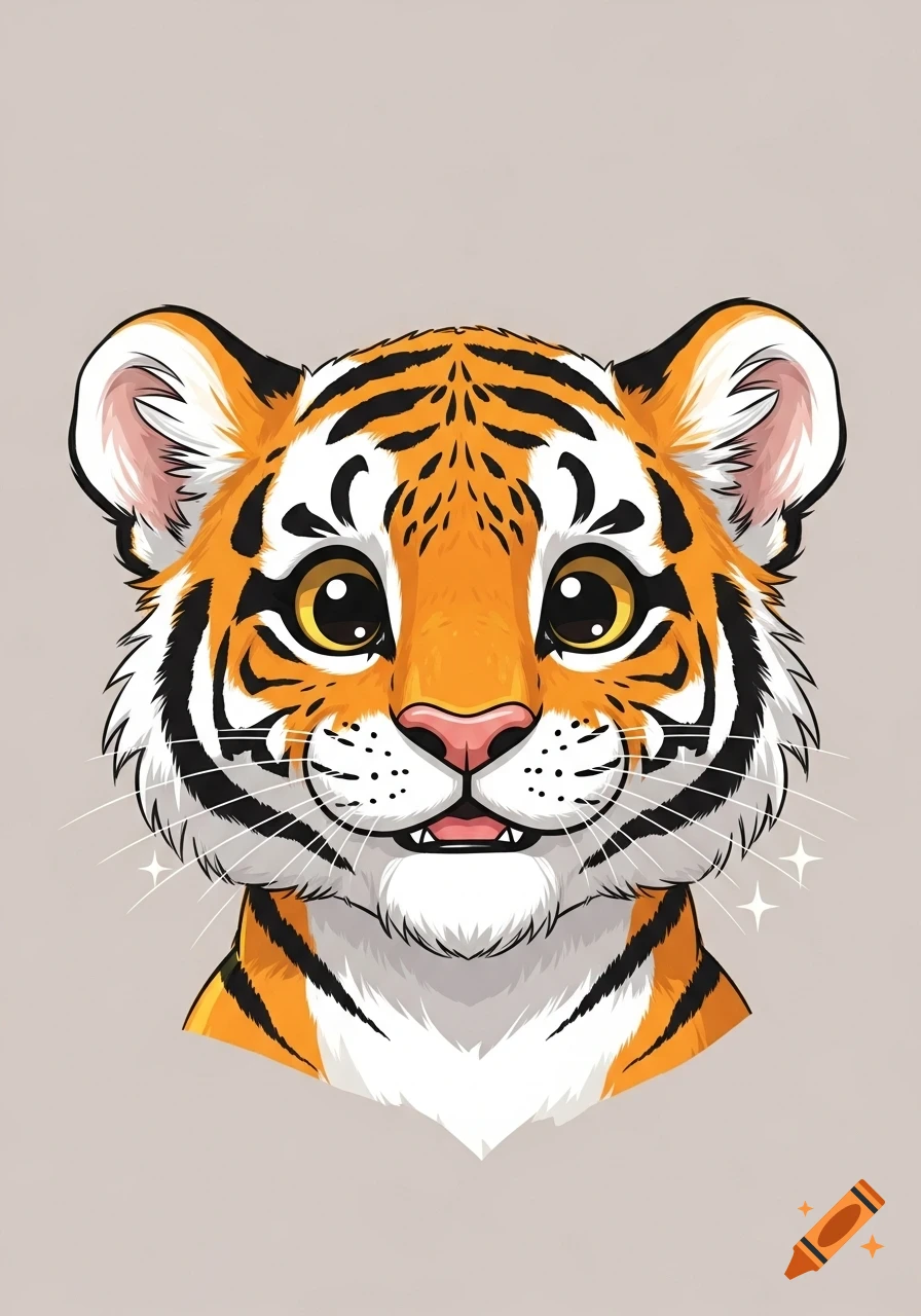 A cute, orange and black striped cartoon tiger face with large eyes and a pink nose, against a neutral gray background.