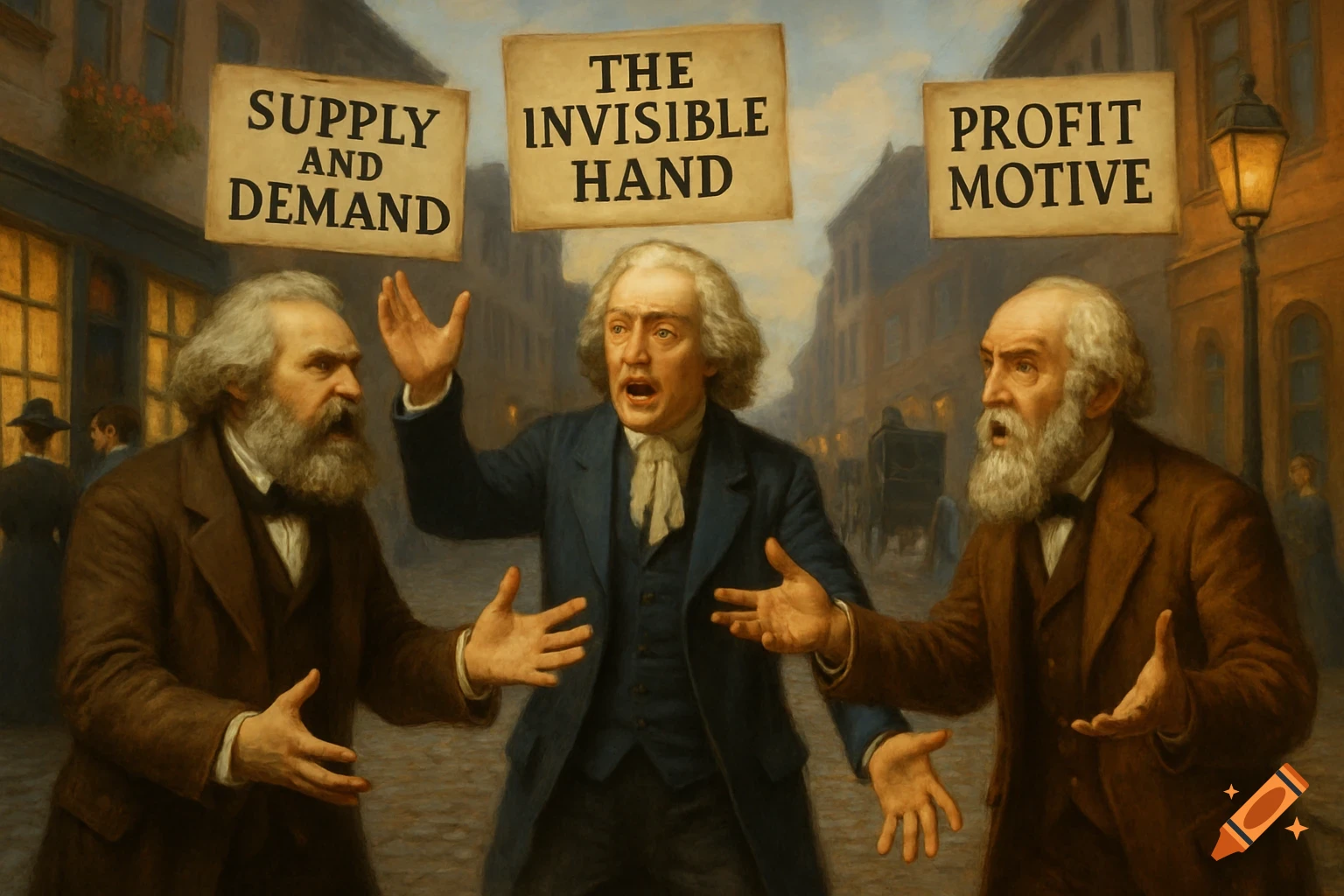 Painting of three historical philosophers, with signs "Supply and Demand", "The Invisible Hand", and "Profit Motive", debating in a 19th-century street.