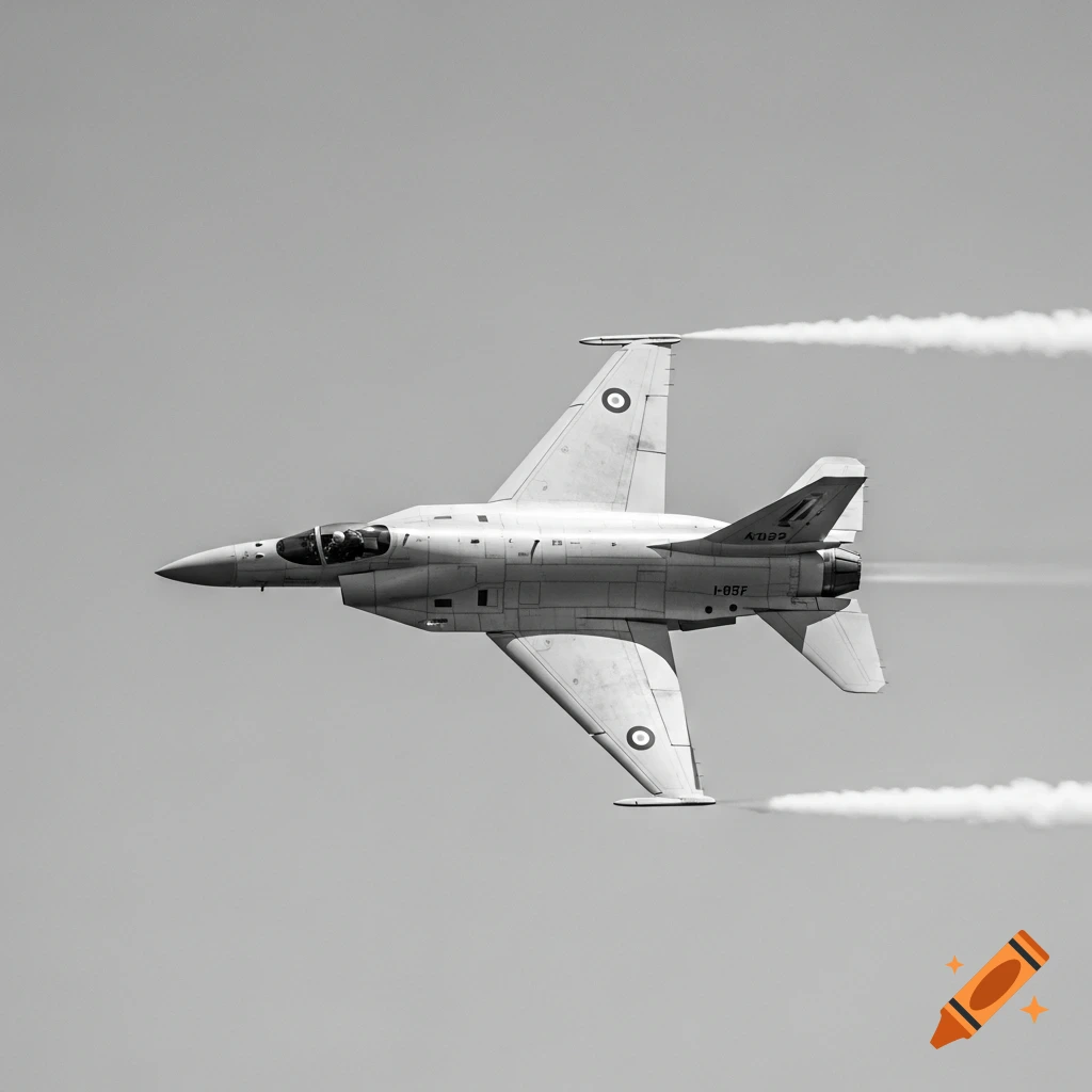 Black and white photograph of a military jet flying to the left, leaving white smoke trails against a clear sky.