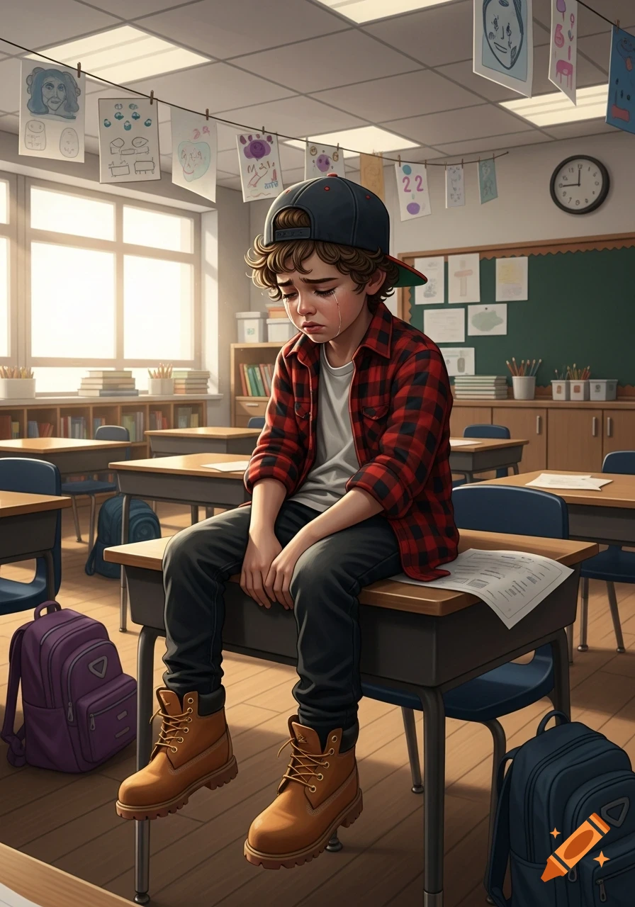 A crying boy in a flannel shirt and hat sits on a classroom desk, with backpacks and children's drawings visible.