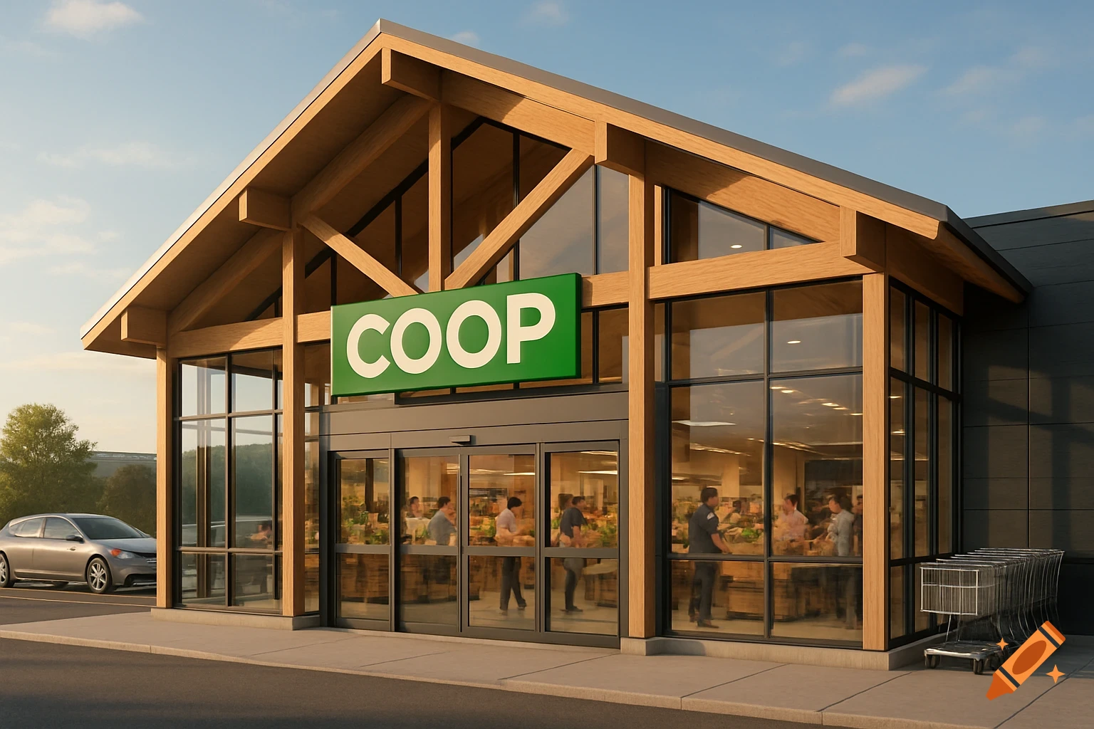 Modern cooperative grocery store with a wooden facade, large windows, a "COOP" sign, and shopping carts outside on a sunny day.