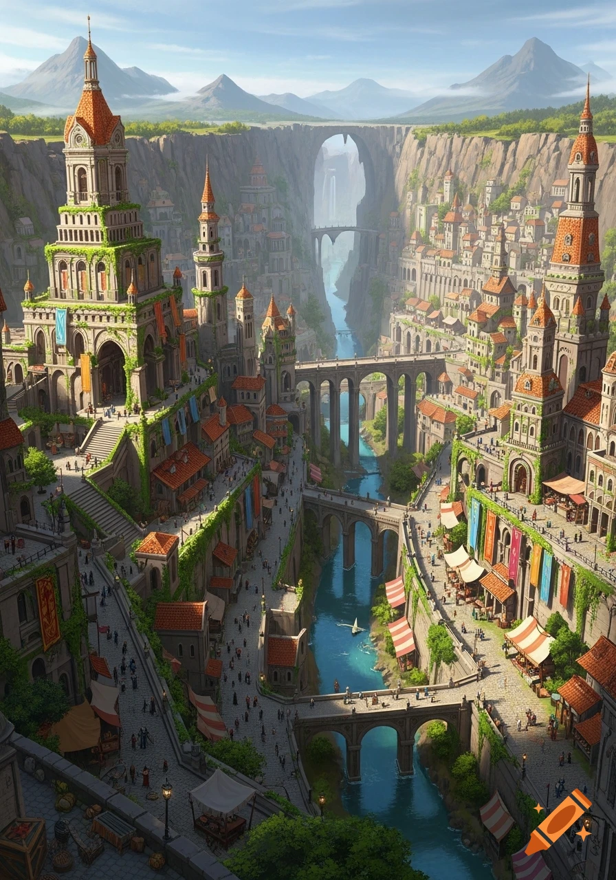 A majestic fantasy city with medieval architecture nestled in a deep ...