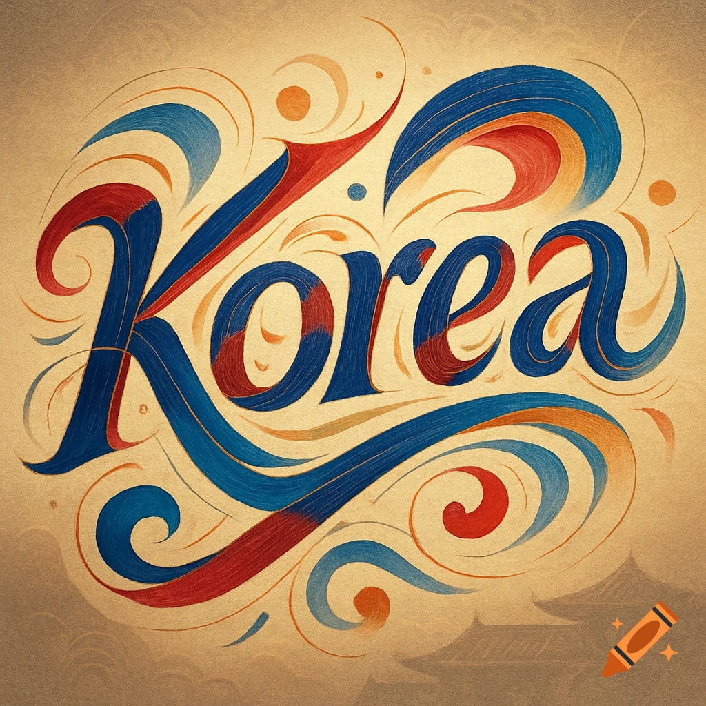 Stylized typography spelling 'Korea' in blue and red, with decorative swirls on a gold textured background featuring subtle traditional Korean architecture.