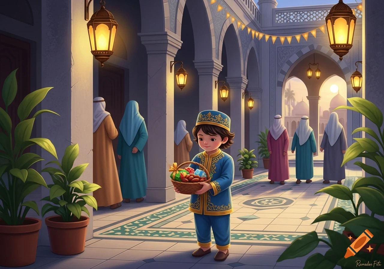 A child in traditional blue attire holds a basket of gifts in a beautifully lit mosque courtyard during Ramadan.