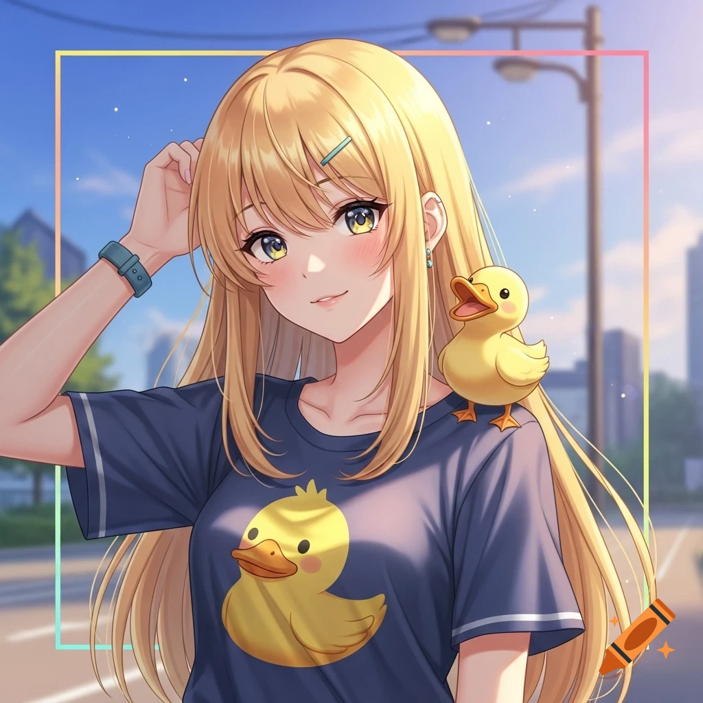 Anime blonde teen girl smiling outdoors with a rubber duck on her shoulder and another on her blue shirt.