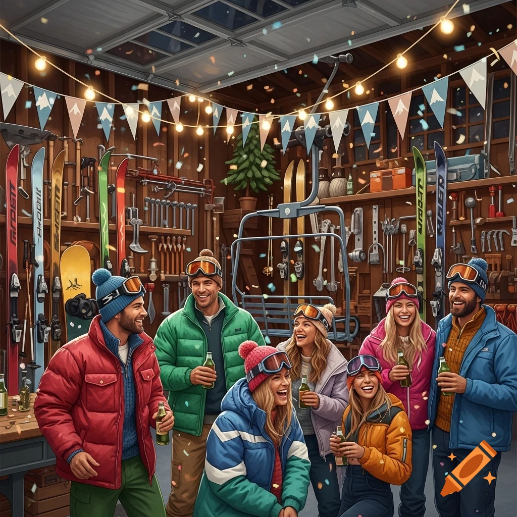 Illustration of six smiling adults in winter gear, holding drinks, celebrating in a ski-themed garage decorated with string lights and confetti.