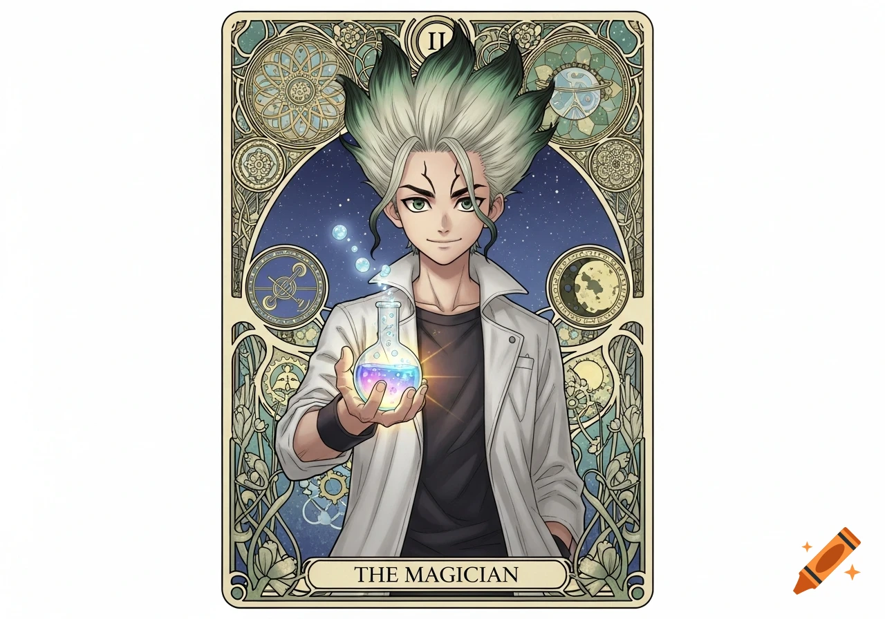 Anime character Ishigami Senku as The Magician tarot card, holding a glowing flask, surrounded by a detailed art nouveau frame with celestial and scientific motifs.