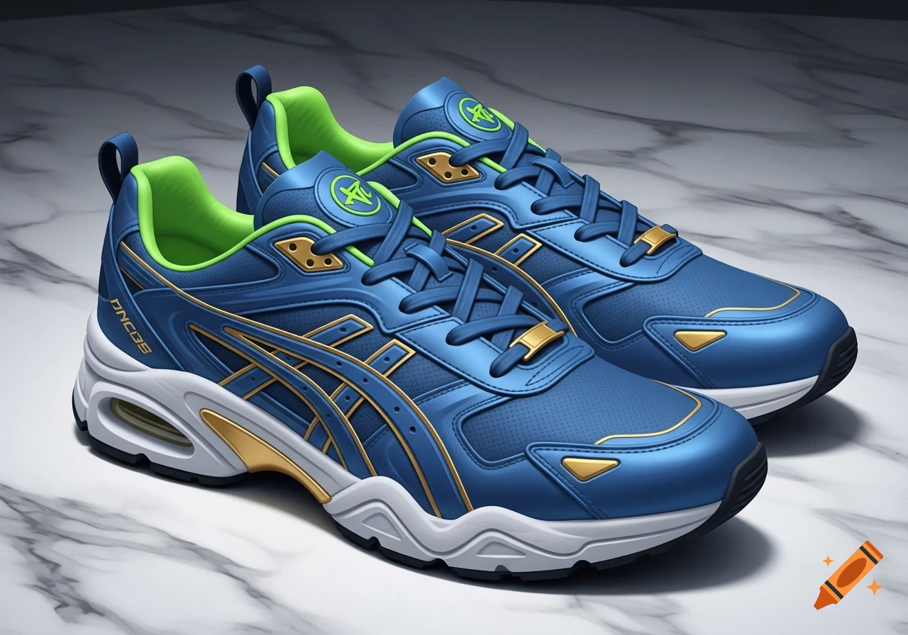 A pair of blue, lime green, and gold sneakers with white soles sits on a polished marble surface.