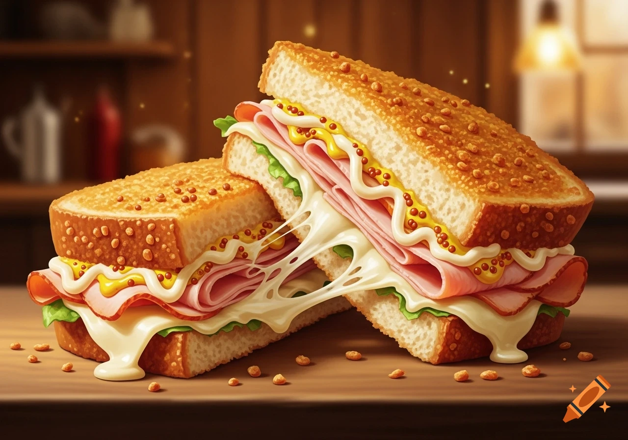 Two halves of a golden-fried sandwich with sliced turkey, lettuce, melted provolone cheese, mayo, and mustard drizzle on a wooden table.