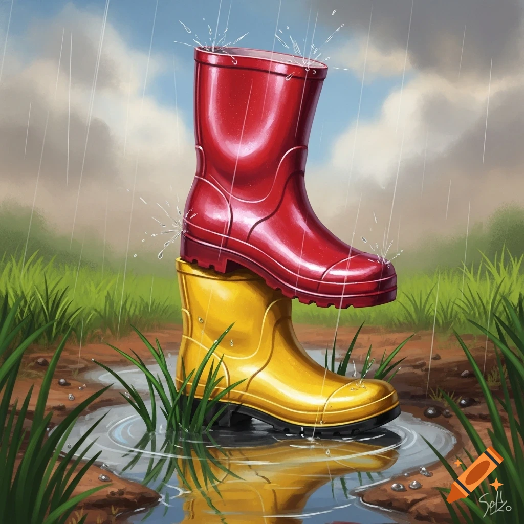 A red rubber boot stacked on a yellow rubber boot in a muddy puddle with grass, as rain falls from a cloudy sky. Digital illustration.