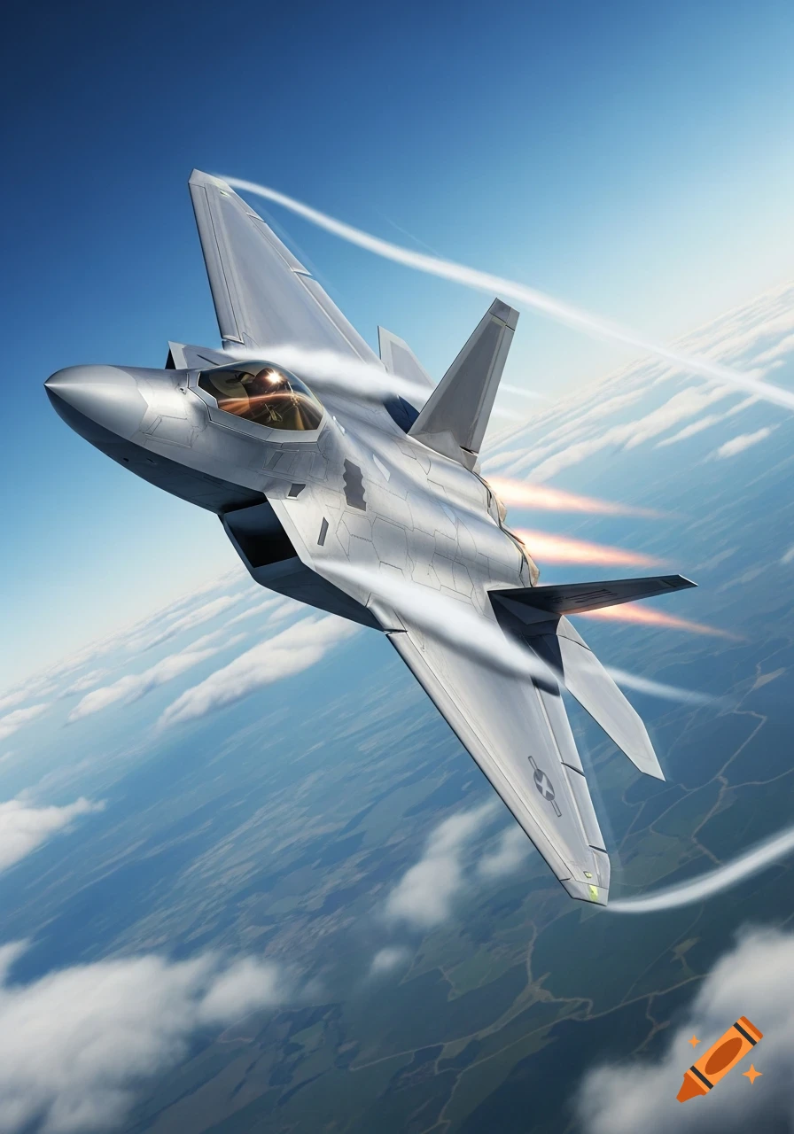 A photorealistic image of a silver F-22 fighter jet soaring through a clear blue sky above clouds and land, leaving white contrails.