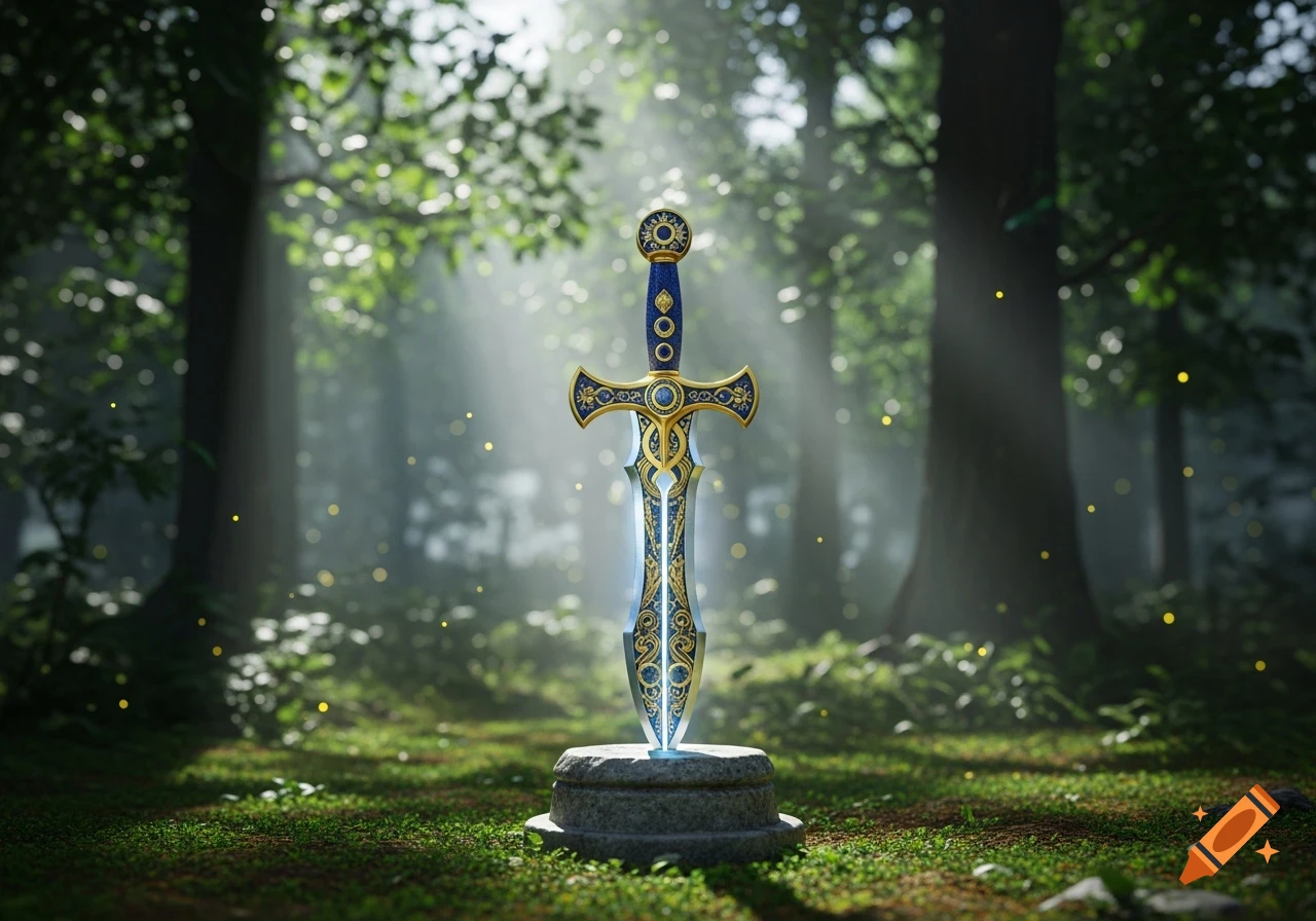 An ornate sword with a blue and gold hilt and glowing blade stands on a stone pedestal in a sunlit, magical forest.